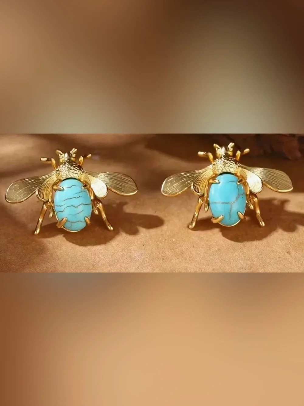 Gold Bee Turquoise Stone Stud Earrings - Women Jewelry